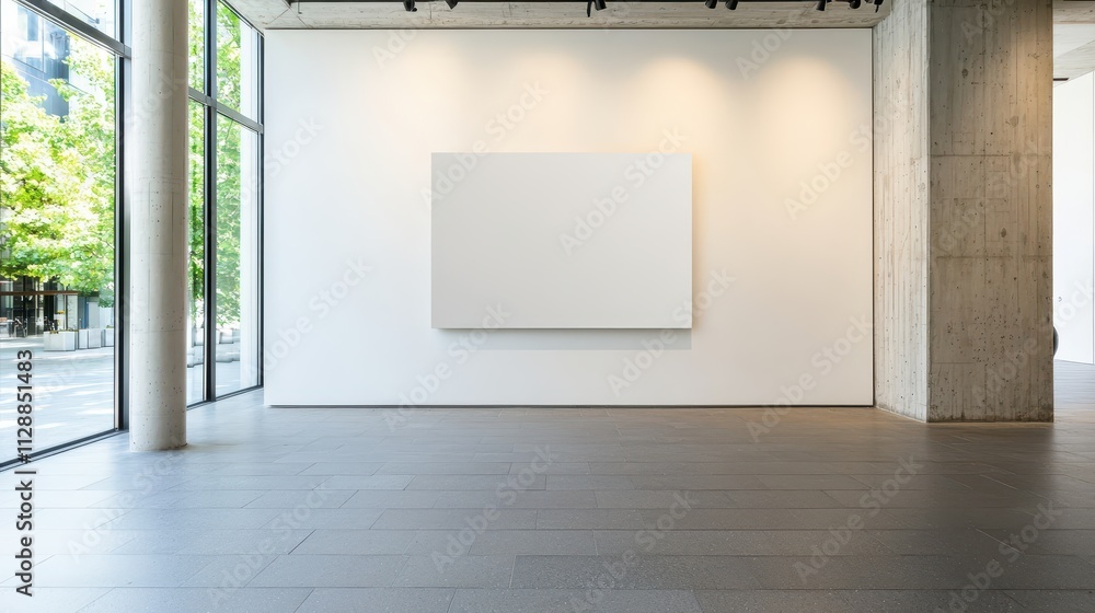 Poster empty art gallery space with white canvas and modern architecture