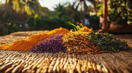 Fototapeta premium Vibrant Spices on Rustic Mat: A Golden Hour Still Life