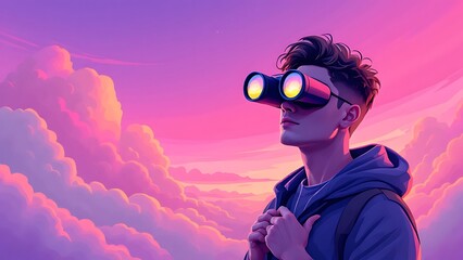 Fototapeta premium A woman gazes through binoculars at a vibrant sunset sky filled with colorful clouds during twilight hours.