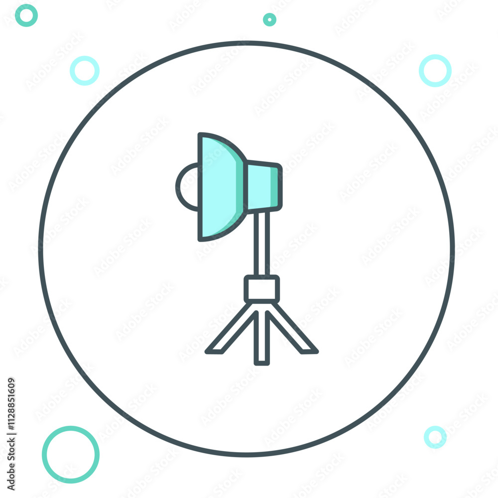 Aufkleber line studio light bulb in softbox icon isolated on white background. shadow reflection design. color