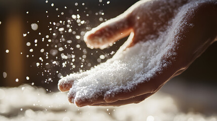 Fototapeta premium A close-up of a hand scooping up a handful of soft powder snow with flakes sparkling in sunlight.