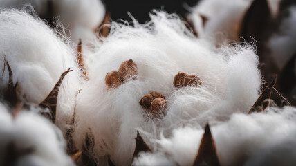 Close-up of fluffy white cotton fibers with rich brown seeds, showcasing the natural beauty and texture of cotton plant, highlighting its organic and soft appearance.