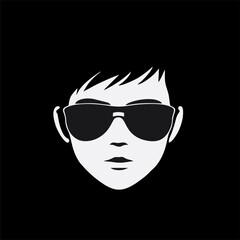 boy,  avatar. Cute child face with glasses, vector clip art illustration. Logo style, black and white
