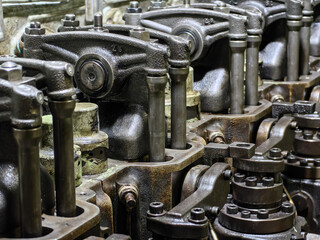 Close up view of old 6 cylinder diesel engine after major overhaul