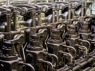 Close up view of fuel pumps of old 6 cylinder diesel engine