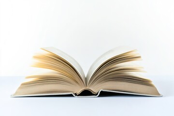 Obraz premium Open book on white surface, pages fanned out with soft shadows.