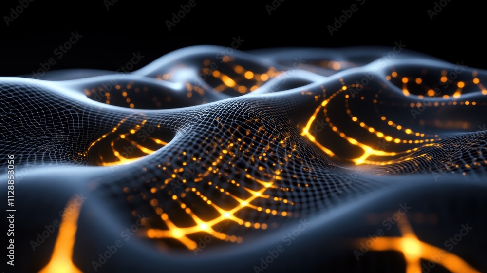 Poster abstract wavy lines with glowing points on dark background