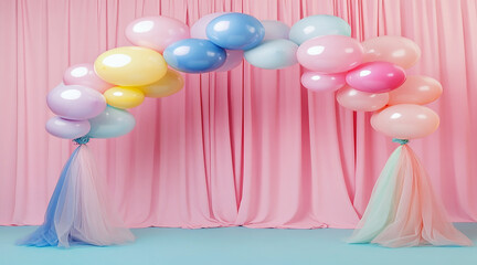 Pastel Pink and Blue Balloons Framing a Blank Square on a Colorful Background Perfect for Party Themes.