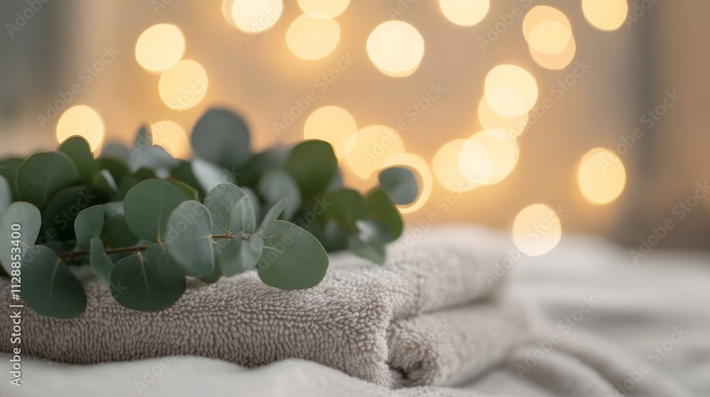 Poster soft towels are neatly stacked, adorned with fresh eucalyptus leaves, contributing to a serene and e