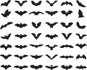 Big set of black silhouettes of bats