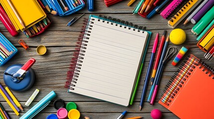 An empty notebook surrounded by colorful school