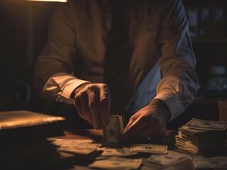 Professional Man Organizing Stack of Dollar Bills in Dim Light
