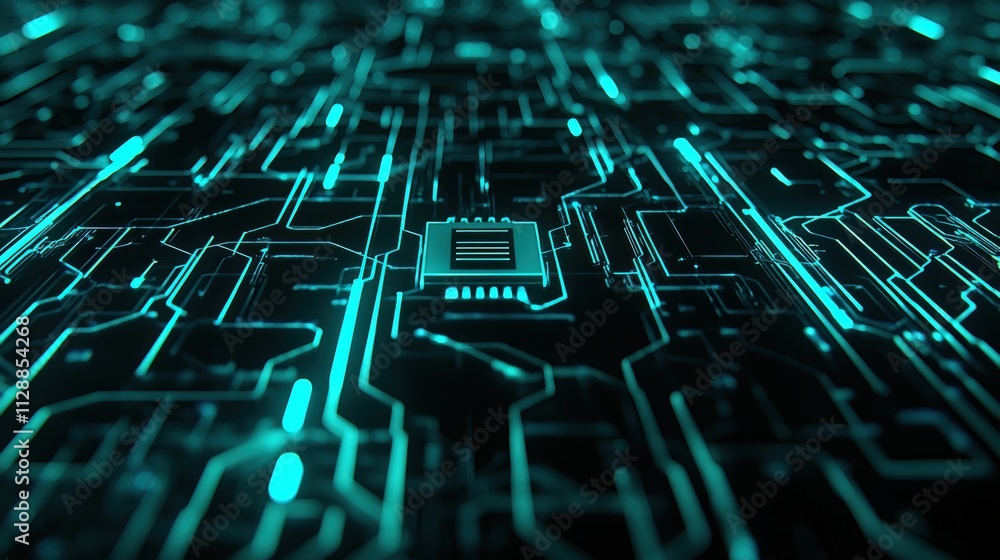 Poster glowing digital lock overlay concept in cybersecurity with circuit patterns and technology design