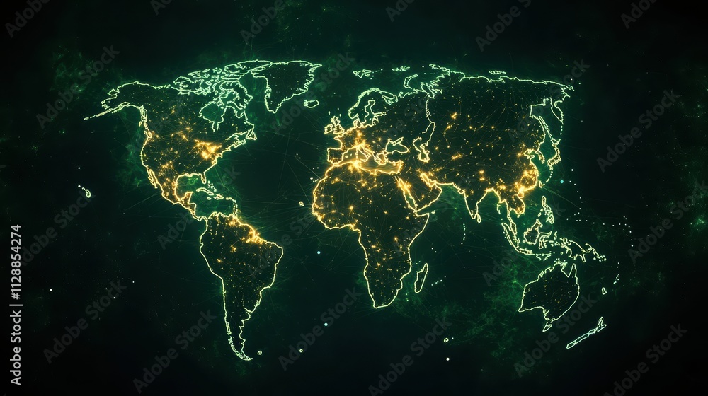 Poster glowing neural connections overlaying a world map of interconnected networks and data points