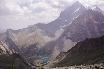 Fototapeta premium top view of the blue mountain lake in the middle of the mountain peaks
