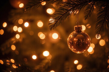 Golden sphere ornament on fir tree branch