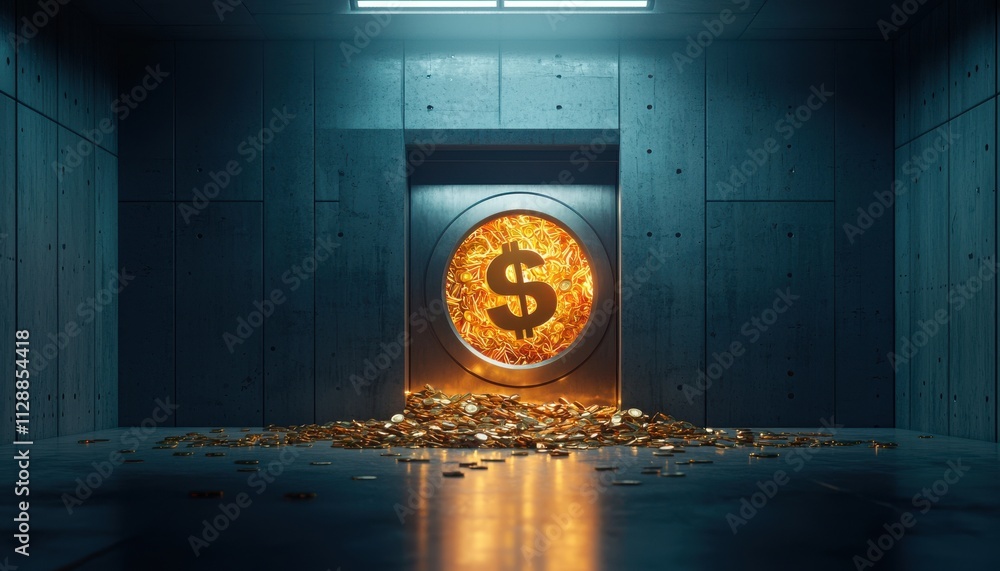 Poster a glowing dollar symbol emerges from a vault, surrounded by scattered coins on a sleek floor, creati