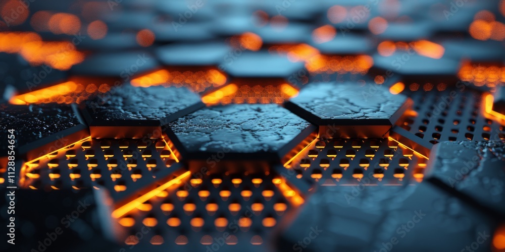 Poster abstract close-up of glowing orange and black hexagonal shapes with metallic texture, futuristic tec