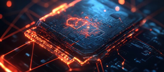 Obraz premium Glowing digital microchip close-up.