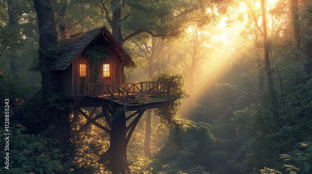Poster enchanted treehouse in serene forest with sunlight streaming through