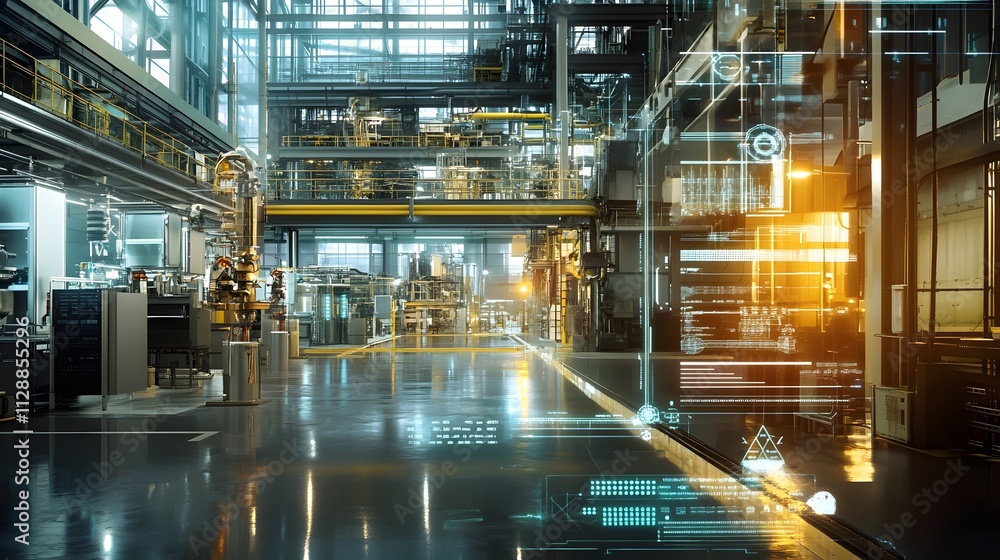 Poster a visual representation of an industrial setting with iot systems managing energy consumption, featu