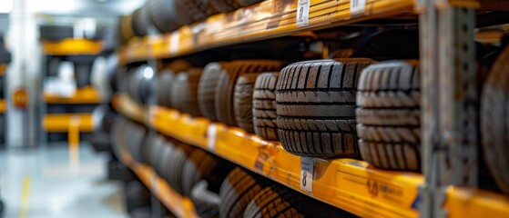 Naklejka premium Interior of auto parts store features vast tire collection on tall orange shelves, neatly organized by size. Bright lighting highlights business atmosphere,