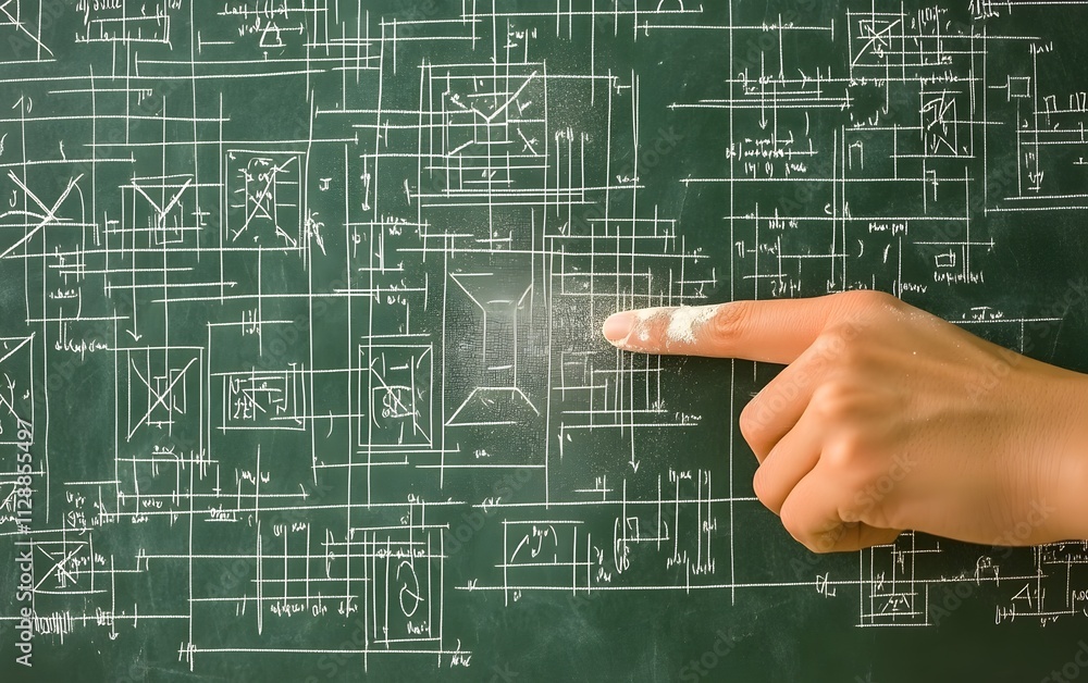 Poster a hand points at architectural blueprints on a chalkboard, illustrating design concepts.