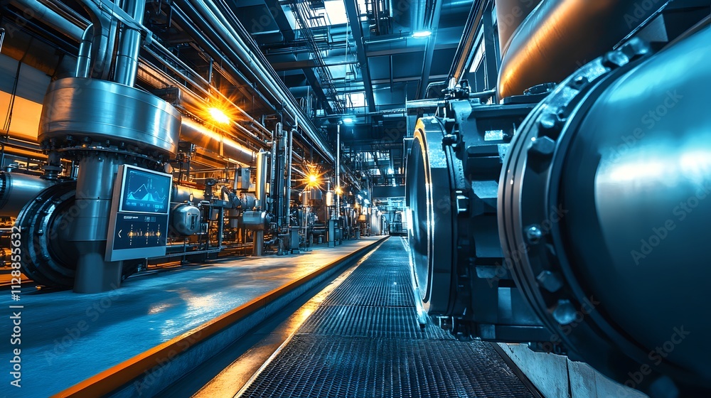 Poster a visual representation of an industrial setting with iot systems managing energy consumption, featu