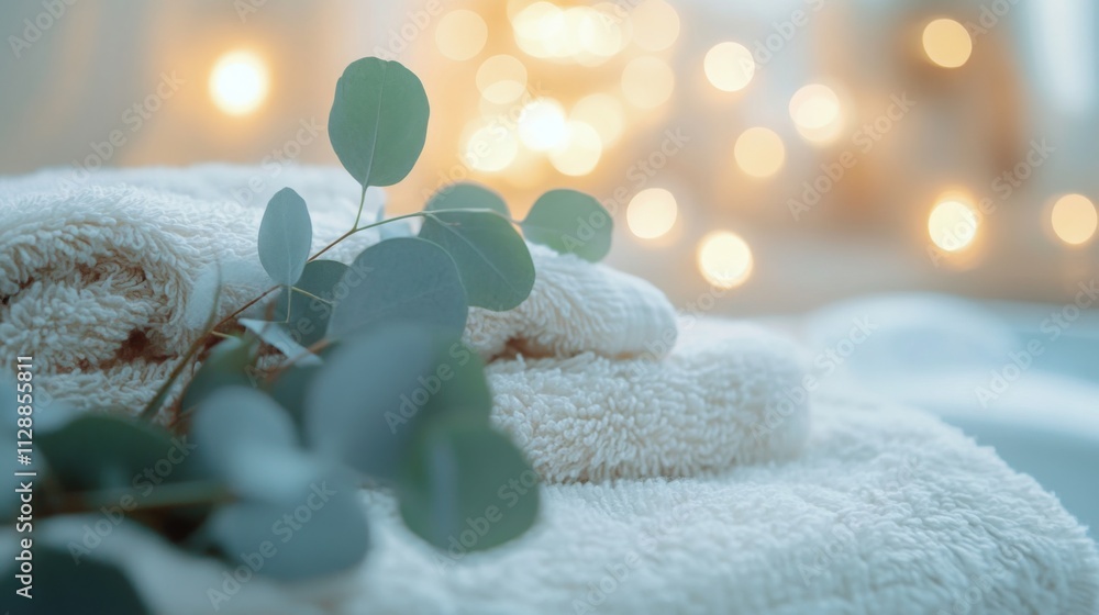 Poster luxurious white towels are neatly stacked beside fresh greenery, creating a serene atmosphere perfec