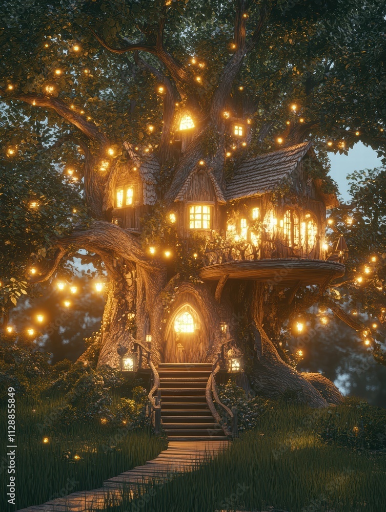 Poster enchanted treehouse with glowing lights at twilight magic scene