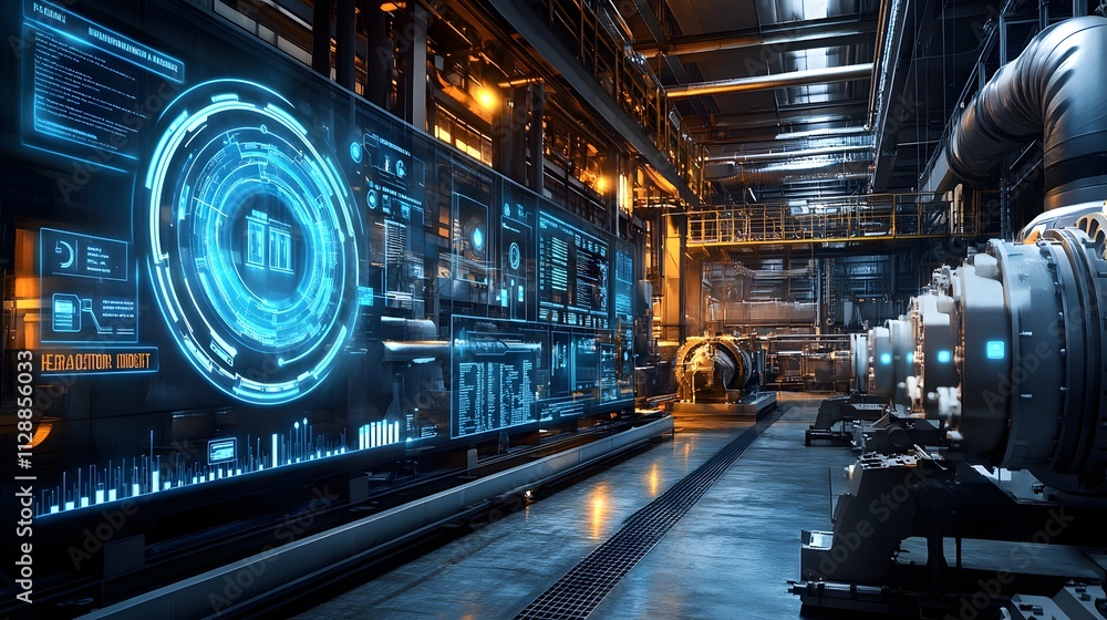 Poster a visual representation of an industrial setting with iot systems managing energy consumption, featu
