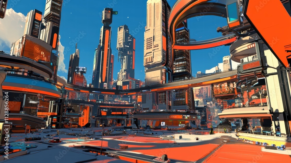 Poster futuristic urban landscape with skyscrapers and dynamic architecture
