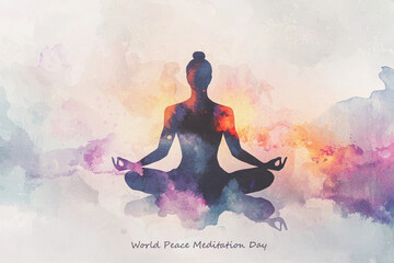 Watercolor illustration of a silhouette meditating in a lotus position surrounded by vibrant abstract colors for World Peace Meditation Day.