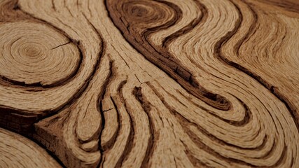 Obraz premium Close-up of natural wood grain patterns with swirling lines and textured rings, featuring warm brown and beige tones. Ideal for backgrounds and design elements. Generative AI