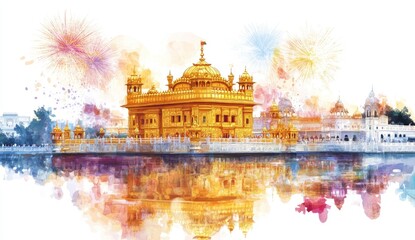 Golden Temple, Amritsar, India, watercolor painting with fireworks.