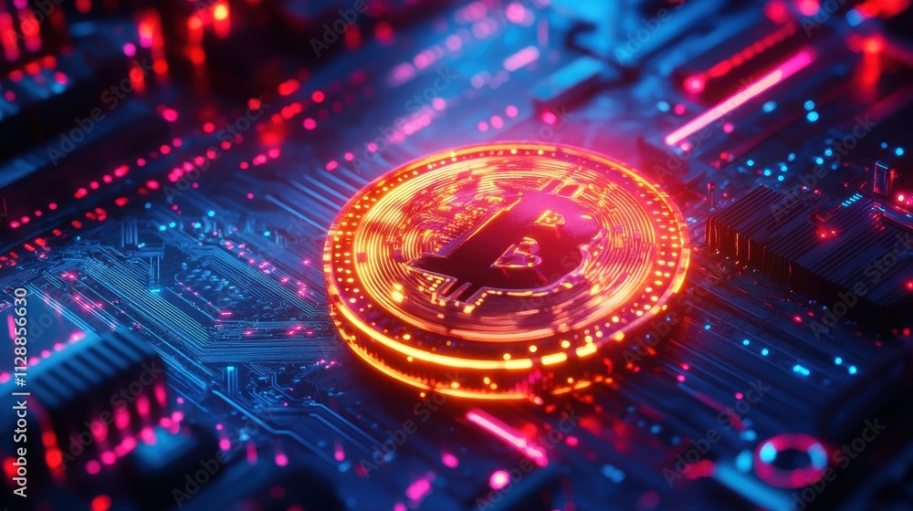 Poster digital cryptocurrency concept with bitcoin symbol and circuit board