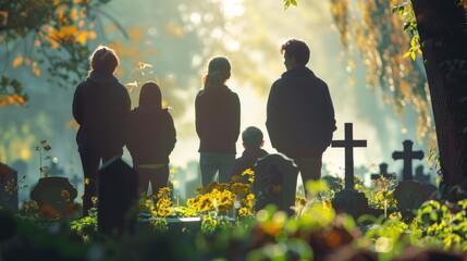 Family in cemetery at dawn, backs turned, evokes a somber, emotional mood. Includes wheelchair-bound member, hinting at grief and remembrance.