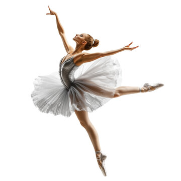 Naklejki Elegant ballerina mid-leap in silver tutu isolated on transparent background