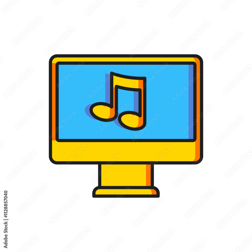 Poster color computer with music note symbol on screen icon isolated on white background. flat filled outli