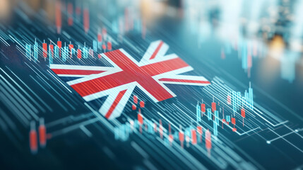 Image depicting a digital representation of the British flag overlaid on financial charts, symbolizing the UK's economy and stock market analytics.