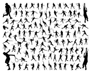 Black silhouettes of tennis players on a white background