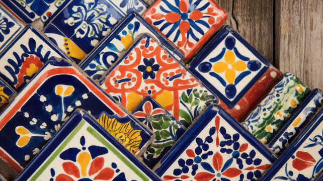 A vibrant collection of colorful ceramic tiles featuring intricate patterns and floral designs against a rustic wooden background.