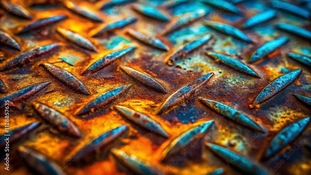 Poster close-up of rusty metal background with light reflections capturing textures and depth in macro phot