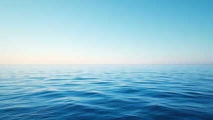 Tranquil minimalist landscape with a smooth blue sea surface with calm waters with a horizon and clear skies. Simple beautiful natural calm background. Generative AI.
