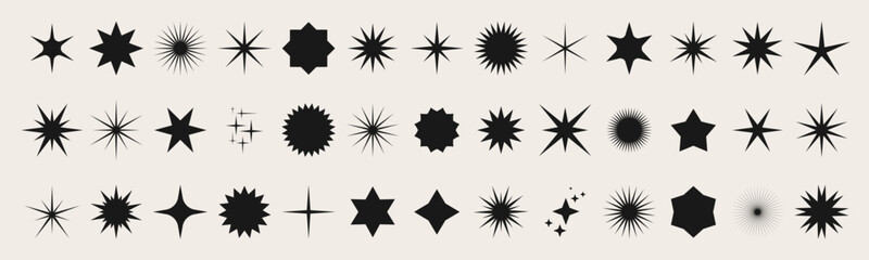 Shining Twinkle Sunburst Shapes collection. Blinking Stars, Sparks and Sparkles. Magic Light flare for design template, poster, banner, brochure. Vector illustration