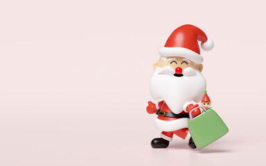 3d santa claus holding shopping paper bag with Elf isolated on pink background. happiness cards, merry christmas, festive New Year, 3d render illustration