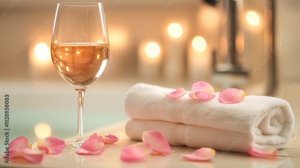 Poster a cozy relaxation setting with a glass of wine beside a neatly rolled towel.