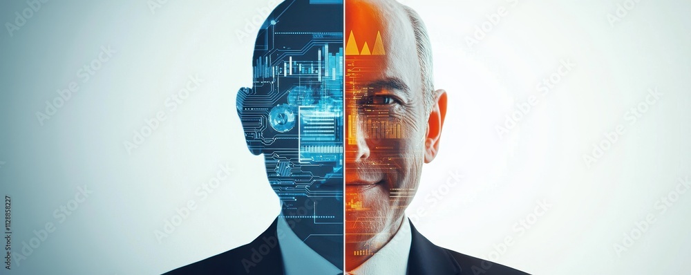 Poster a split image showing a businessman with a digital interface on one side, symbolizing the fusion of 