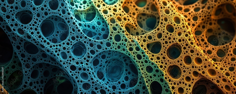 Poster a vibrant abstract design featuring intricate patterns of interconnected bubbles in shades of blue, 