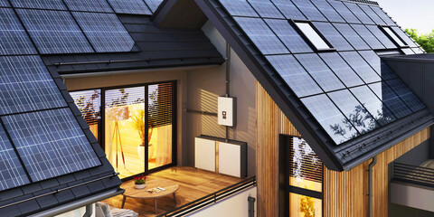 Modern house with solar panels and backup power supply
